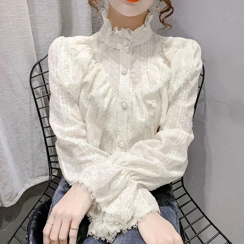 Long Sleeve Loose Spring Fashion Button White Shirt Elegant Stand Collar Pleated Tops Casual Ruffle Lace Blouse Blusas 15832 240823
