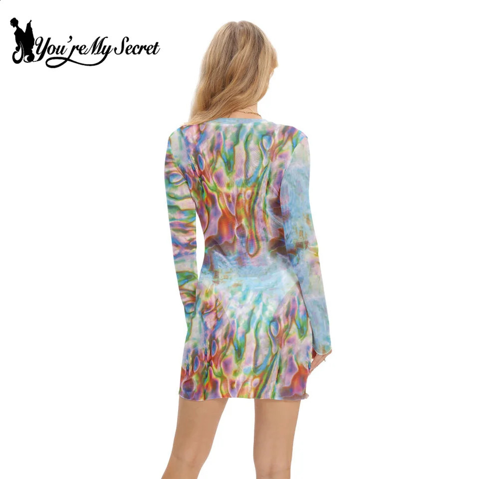 Youre My Secret Sexy Womens Mesh Sheer Long Sleeve Gauze See-through Cover Up Beach Sundress Dress Female Clubwear Mini Dress 240823