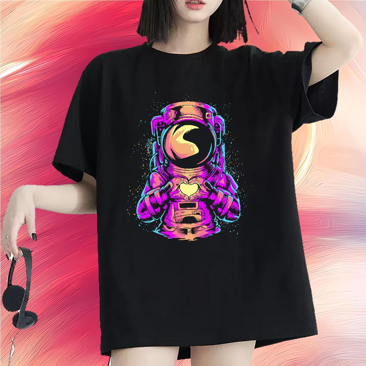 Loose Women Tees 100% Cotton 230g universe Sport Woman T Shirts Crew Neck Floral Print Tees Shirts