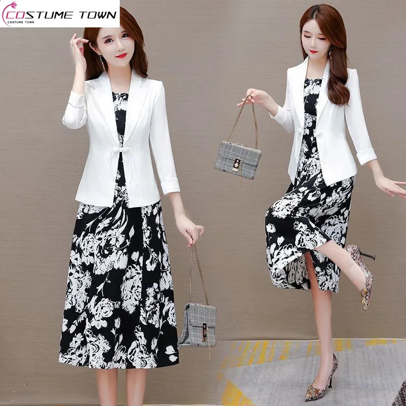 Spring and Summer Womens Dress Set Korean Version Small Suit Print Tank Top Skirt Fashion Two Piece Set 240823