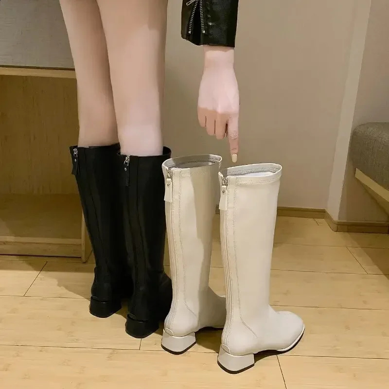 2024 Large 43 Thick High Heel Knight Knee Boots Womens Elegant Shoes Plush White Autumn Winter Leather Boots 240823
