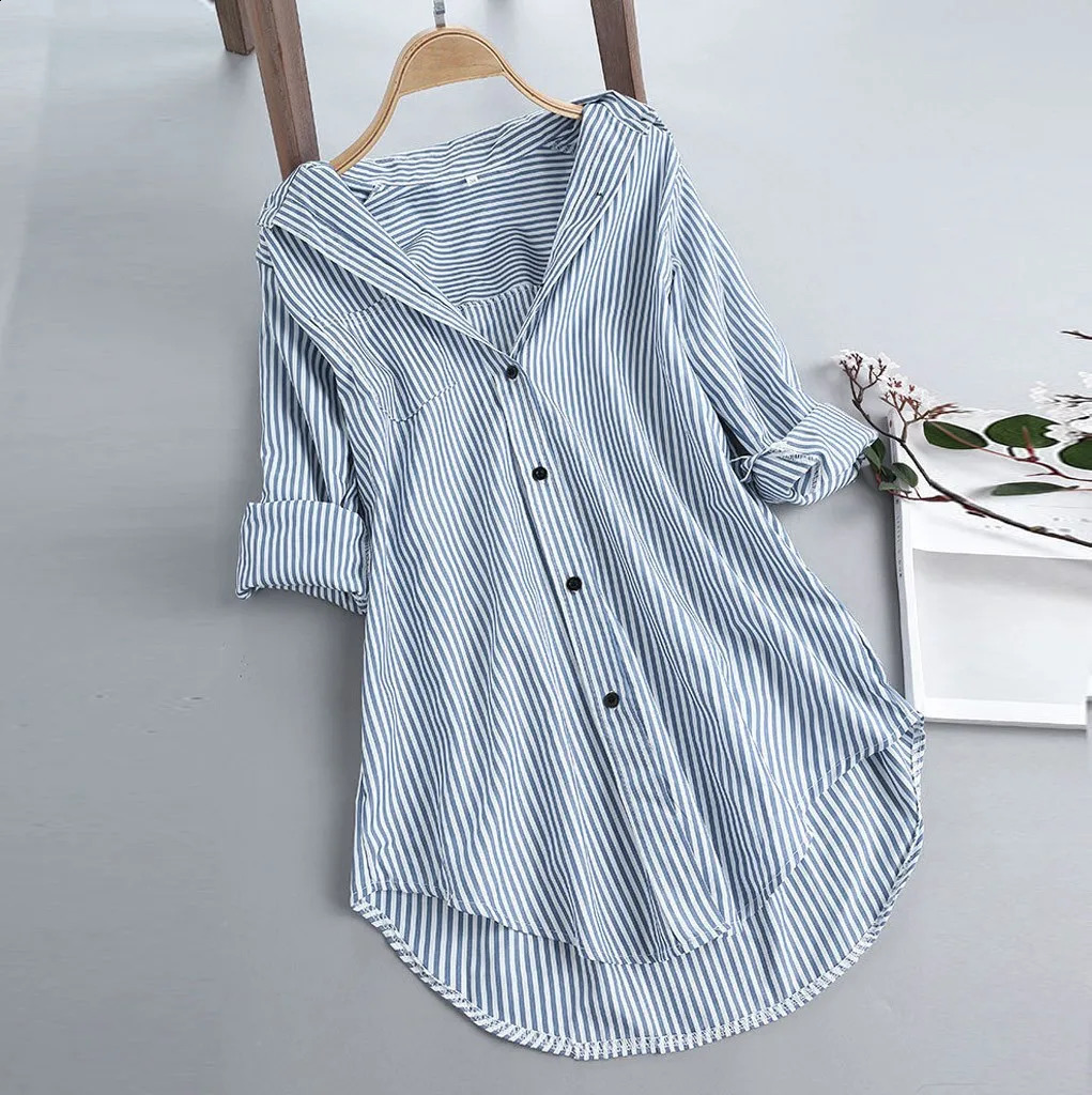Classic Basic Striped Shirt Ladies Shirt Spring Summer Casual Versatile Long Sleeve Shirt Fashion Lapel Large Size Loose Shirt 240823