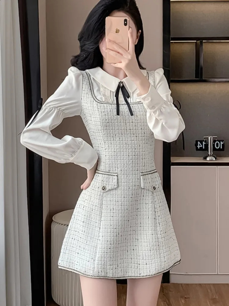 French Vintage Patchwork Short Dresses for Women Long Sleeves Tweed Korean Birthday Party Evening Dresses Autumn Spring Vestidos 240824