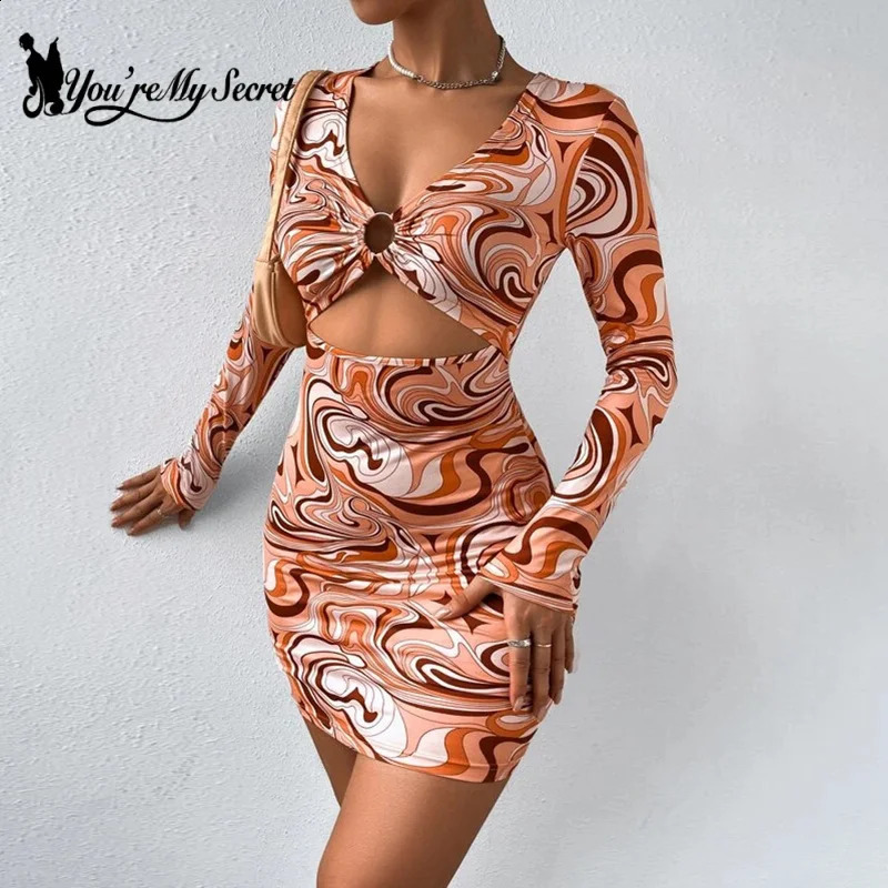 Women Sexy Long Sleeve Leopard Print Hollow Out Slim Cut Out Backless Party Mini Dress Vestidos Summer 240823