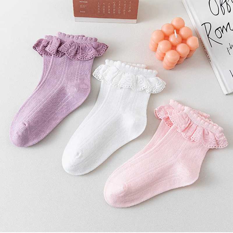 3Pairs/set Kids Girls Ankle Sock Princess Ruffle White Lace Calf Sock for Baby Spring Autumn Cotton Soft Frilly Children Socks CL240824