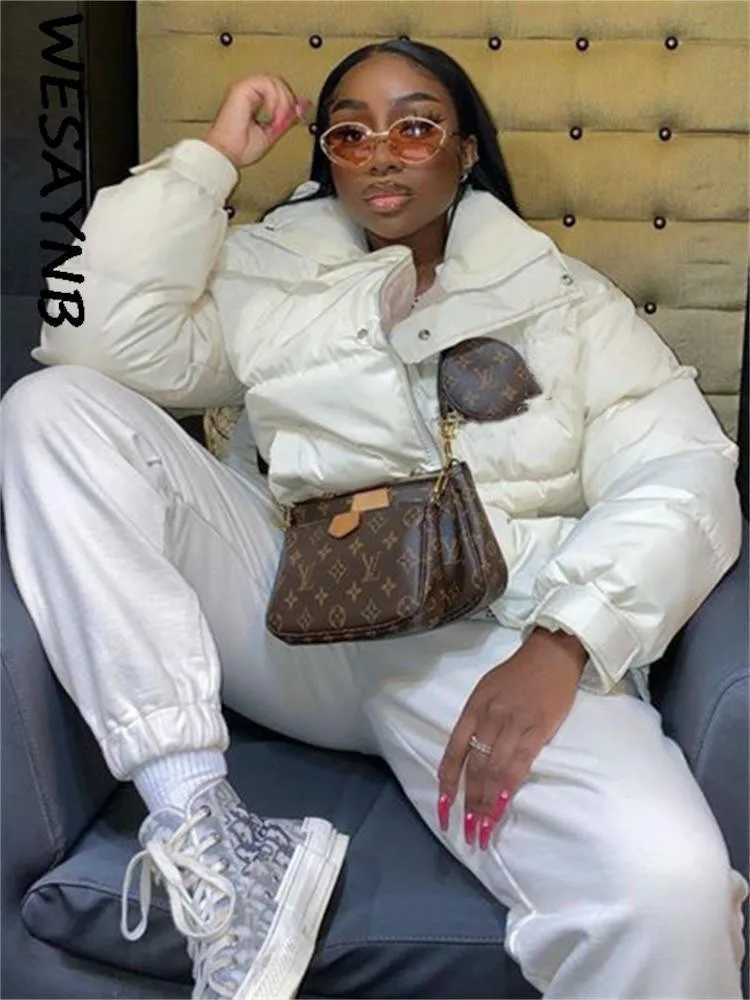 Women's Down Parkas Winter Warm Clothing Fashion Printed Womens Jacket 2022 Long Sleve Crop Top White Coat Campus Puff Jacket Y240824JXXB