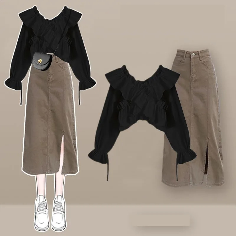 Autumn Vintage Dress Matching Set Womens Elegant V-Neck Long Sleeved Shirt denim Skirt Two-piece Female Clothing Suit 240823