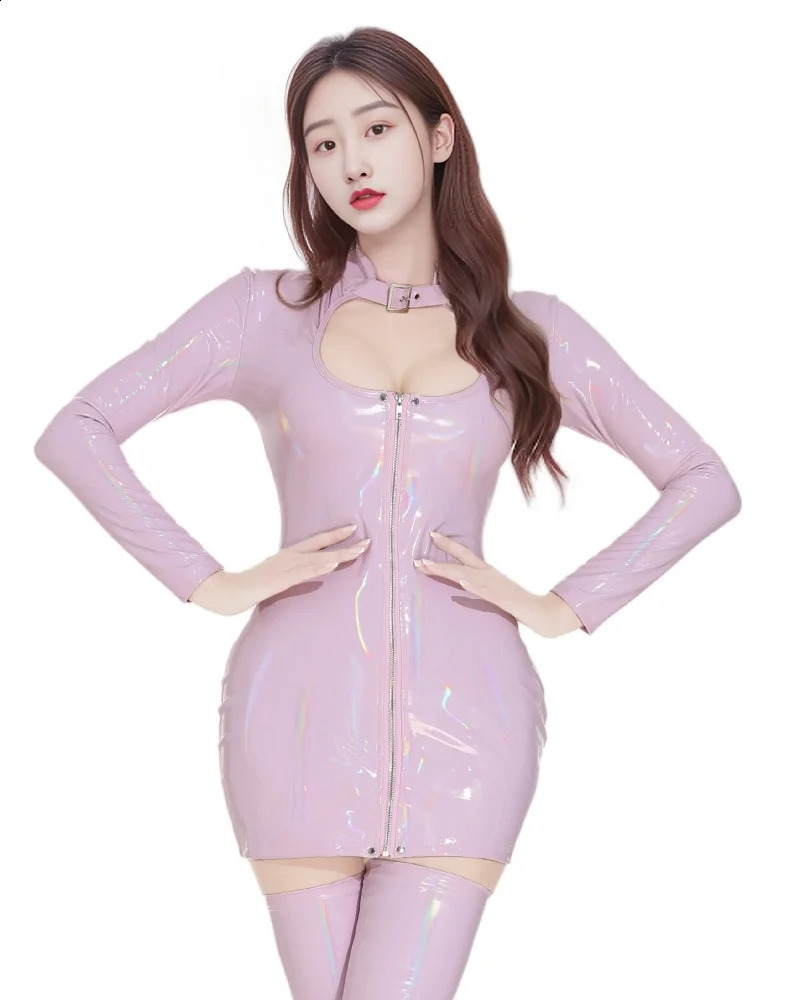 Sexy Chest Hollow Out Dresses for Women Long Sleeved Shiny PVC Latex Faux Leather Micro Mini Dress Nightclub Party Clothing 240823
