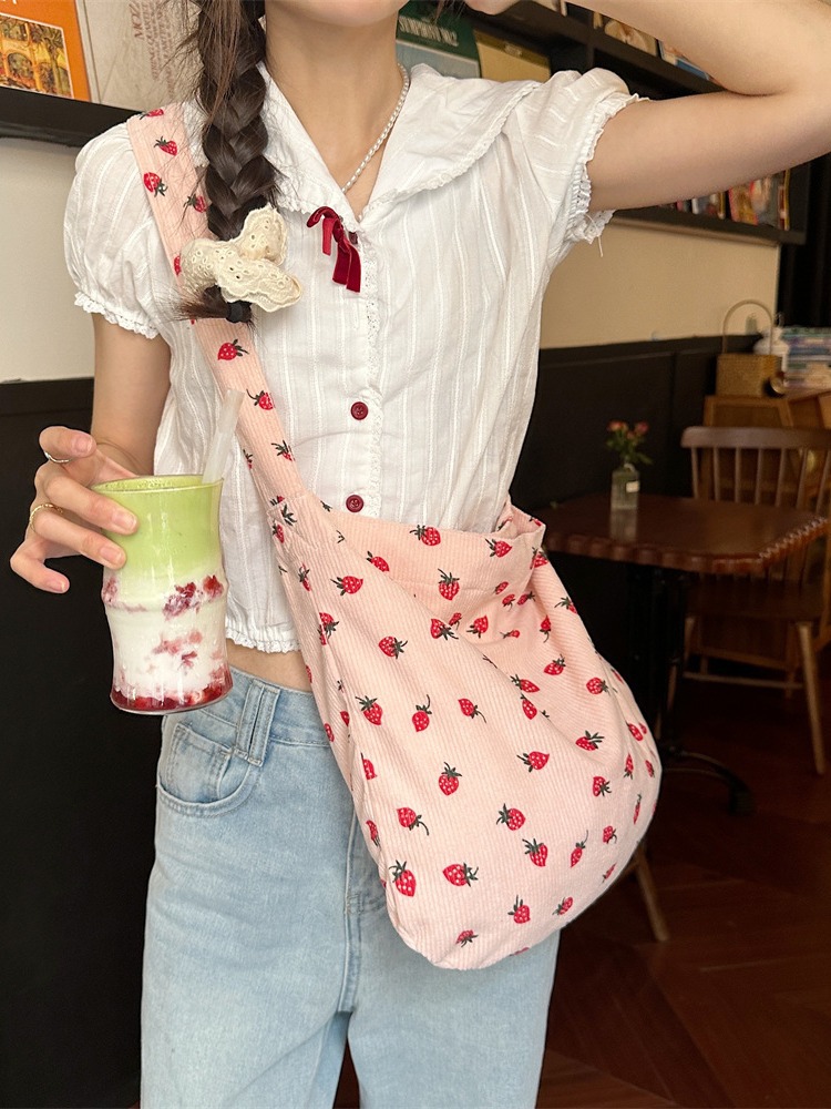Fashionable corduroy strawberry printed large capacity casual shoulder bag