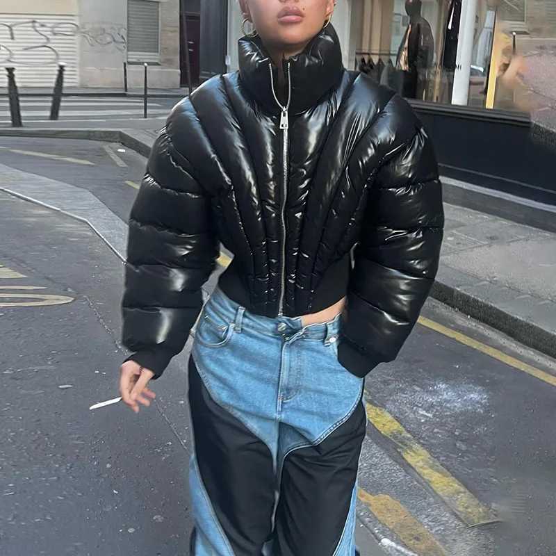 Women's Down Parkas Fashion Women Broad Shoulder Puffer Jackets High Waist Bubble Coats Slim Puffer Jacket Parkas Mujer Zipper Cropped Parkas Dow
