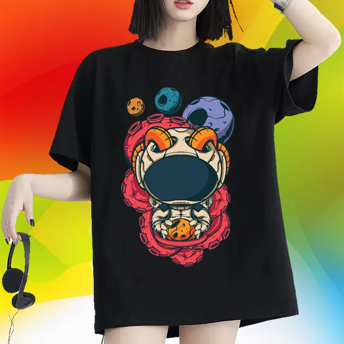 Lady Couples T Shirts 230g Cotton cosmonaut Daily Wear Women T Shirts Breathable Short Sleeve Black Oversized Tee Shirt