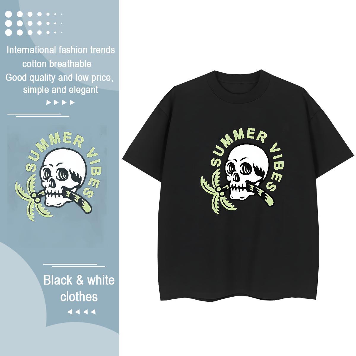Wholesale T Shirts Men 230g Pure Cotton skull Street Wear DIY Round Neck Short Sleeve Tshirt for Man Woman New Tees