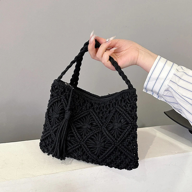 Fashionable womens hollow shoulder bag summer cross body beach travel handbag tassel messenger 250401