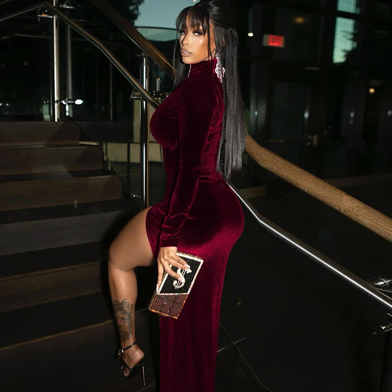 Womens autumn and winter style high-necked long-sleeved velvet dress slim pleated slit dress 240823
