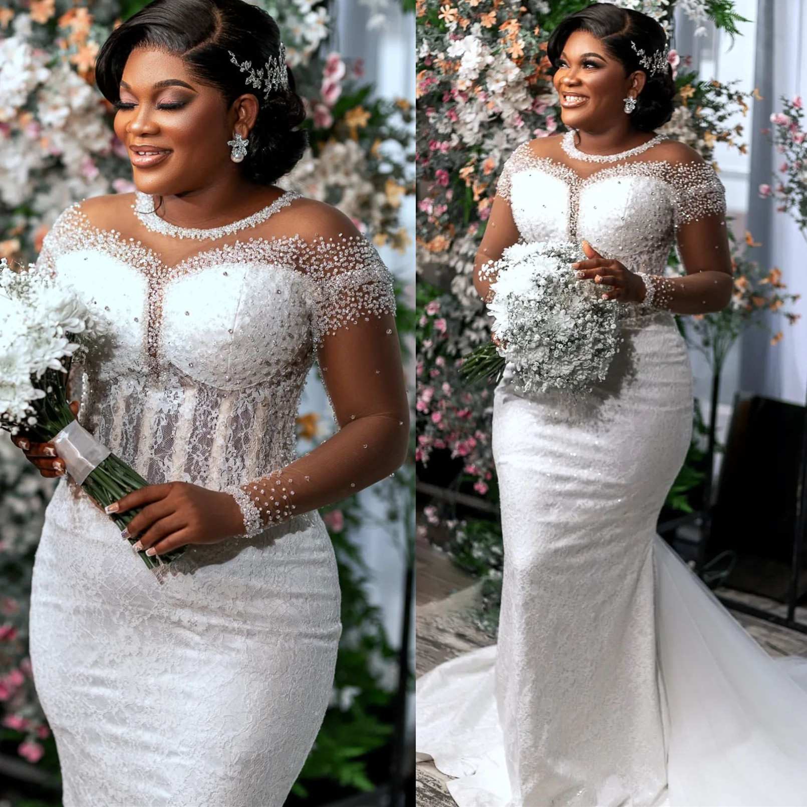 African Aso Ebi 2024 Luxurious Off White Mermaid Wedding Dress Beaded Lace Full Sleeves Vintage Elegant Bridal Gowns Dresses ZJ222
