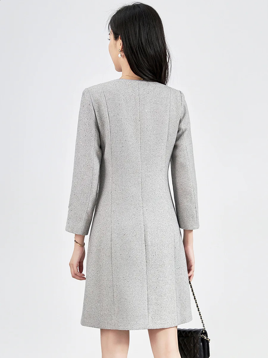 ZJYT Elegant Autumn Womens Sequined Tweed Dress Long Sleeve Single Breasted Breif Short Office Dresses Vestidos with Pockets 240824