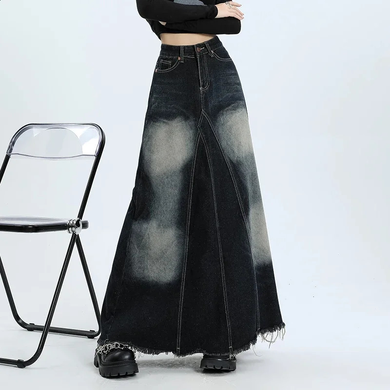 Women Denim Skirt Y2k Emo 2000s Clothes Long Skirt Harajuku Korean 90s Fashion Vintage Gradient A-line Jean Skirt Grunge Clothes 240823
