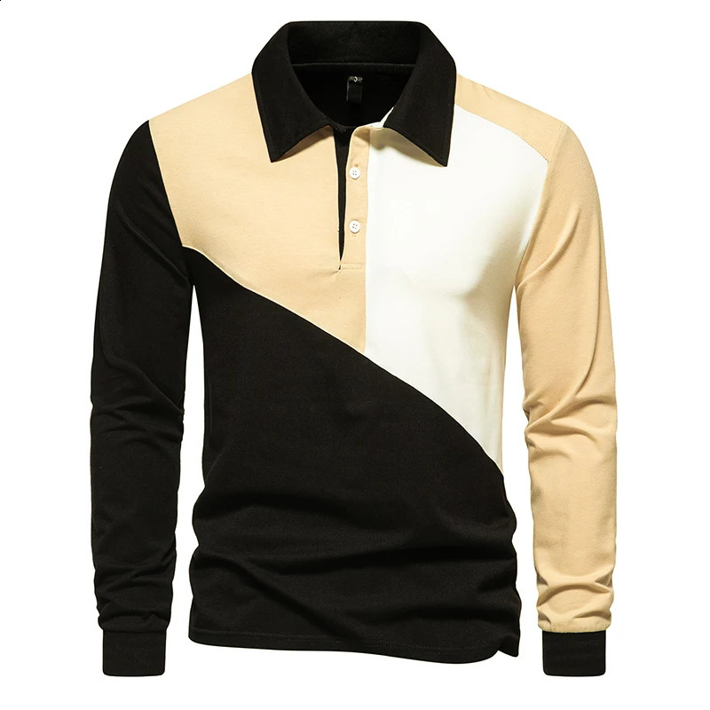 Polo Shirt Mens Fashion Business British Style Casual Slim Trend Solid Color Patchwork Color Lapel Long-sleeved POLO T-shirt 240824