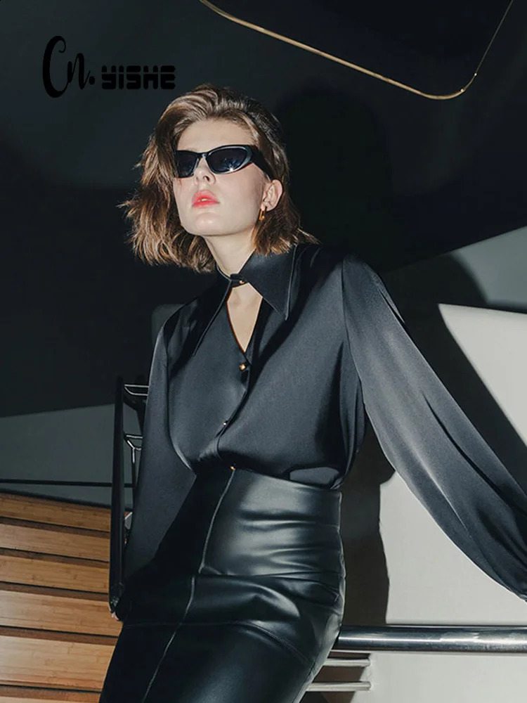 CNYISHE Solid Button Blends Sexy Club Women Shirts Long Sleeve Turn-down Collar Fashion Blouse Regular Female Casual Tops Tees 240823