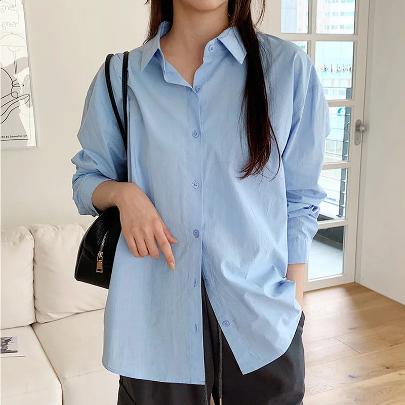 Fashion Spring Autumn Simple And Casual Loose Versatile Pure Color Lapel Shirt WomenS 100% Cotton Long Sleeve Underlay 240823