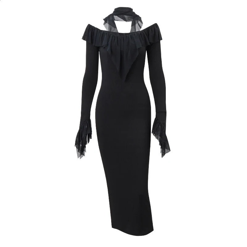 Xeemilo Black Mesh Ruffles Evening Dress Temperament Round Collar Slim Long Sleeve Maxi Dresses Women Elegant Party Club Robe 240823