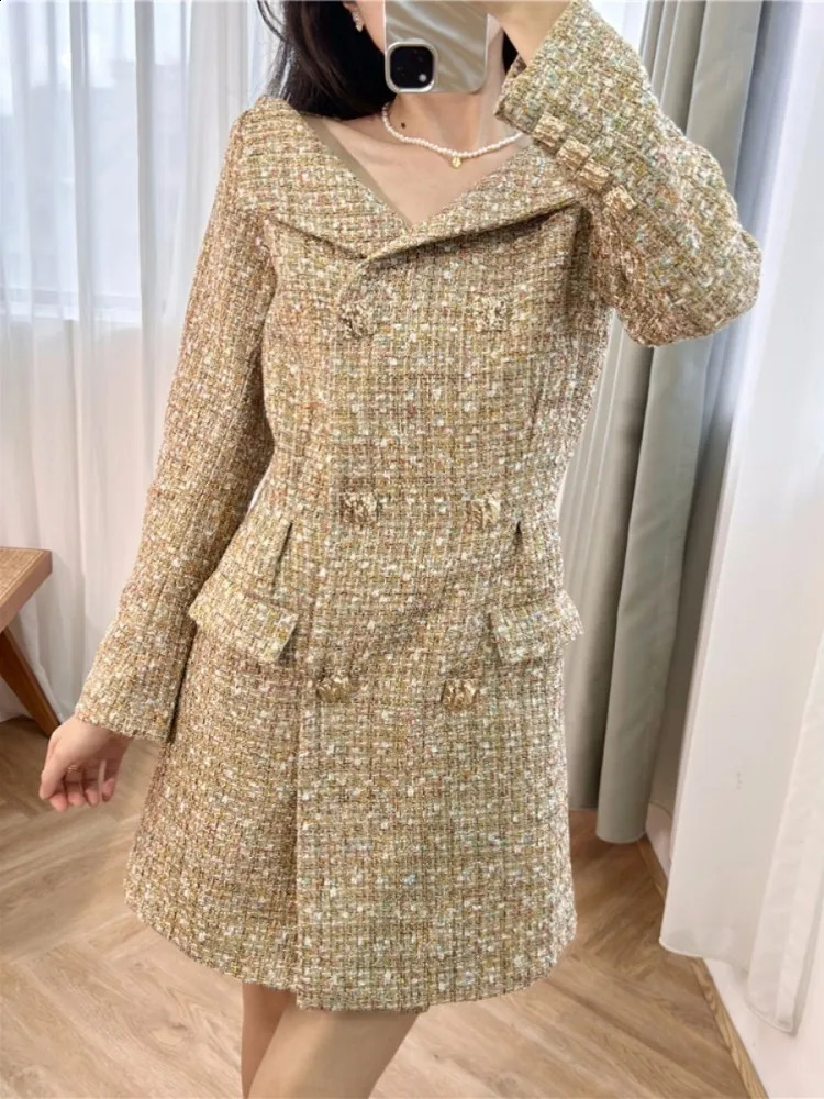 Autumn Elegant Women Slash Neck Double Breasted Tweed Dress Vintage Office Ladies Work Party Slim Waist Long Sleeve Mini Dresses 240824