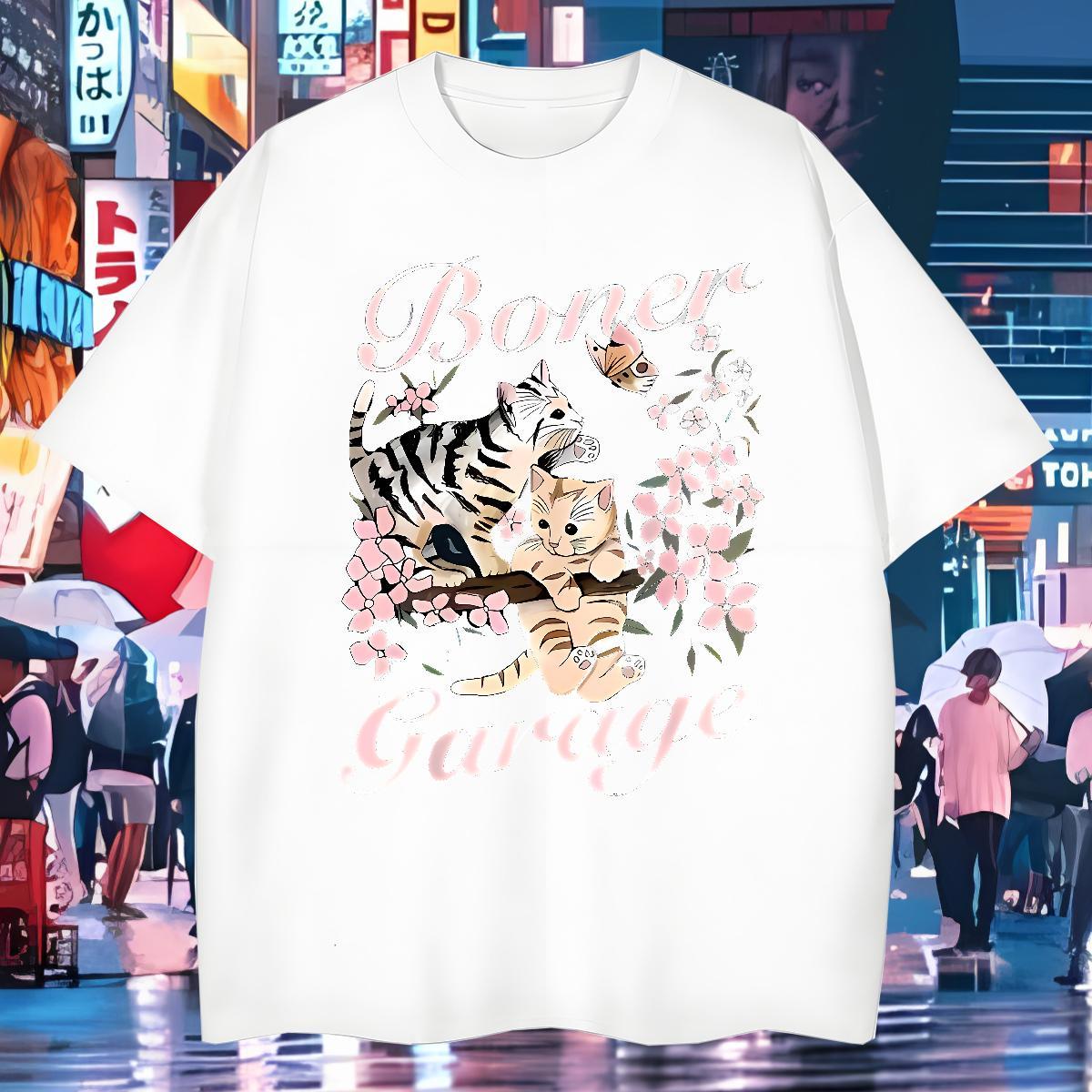 Free Shipping Tshirts cat Street Wear 230g Cotton Clothes Short Sleeve O-Neck Loose Fit Men T Shirts Plus Size Cartoon
