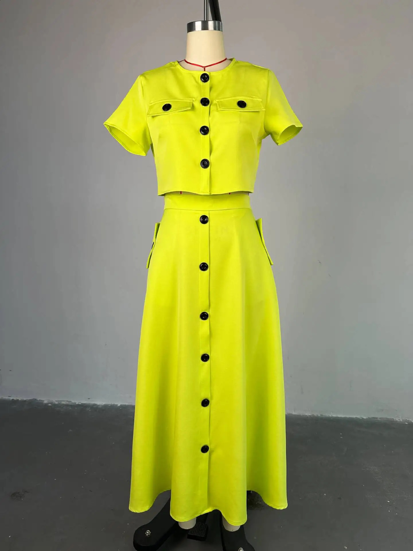 CM.YAYA Women Set Street Short Sleeve O-Neck Button Tops midi Skirts Suits Two 2 Piece Sets Summer OL Fitness Tracksuits 240823