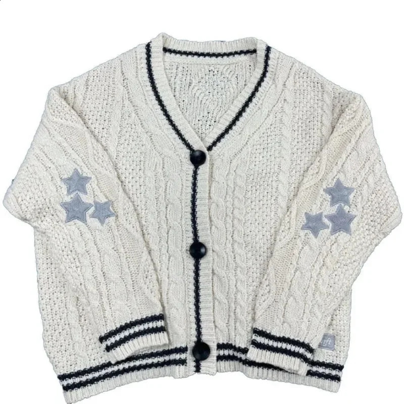 Deeptown Vintage Beige Swift Knit Cardigan Women Y2K College Oversize Star Embroidery Sweater Folklore Knitted Jumper Korean 240824