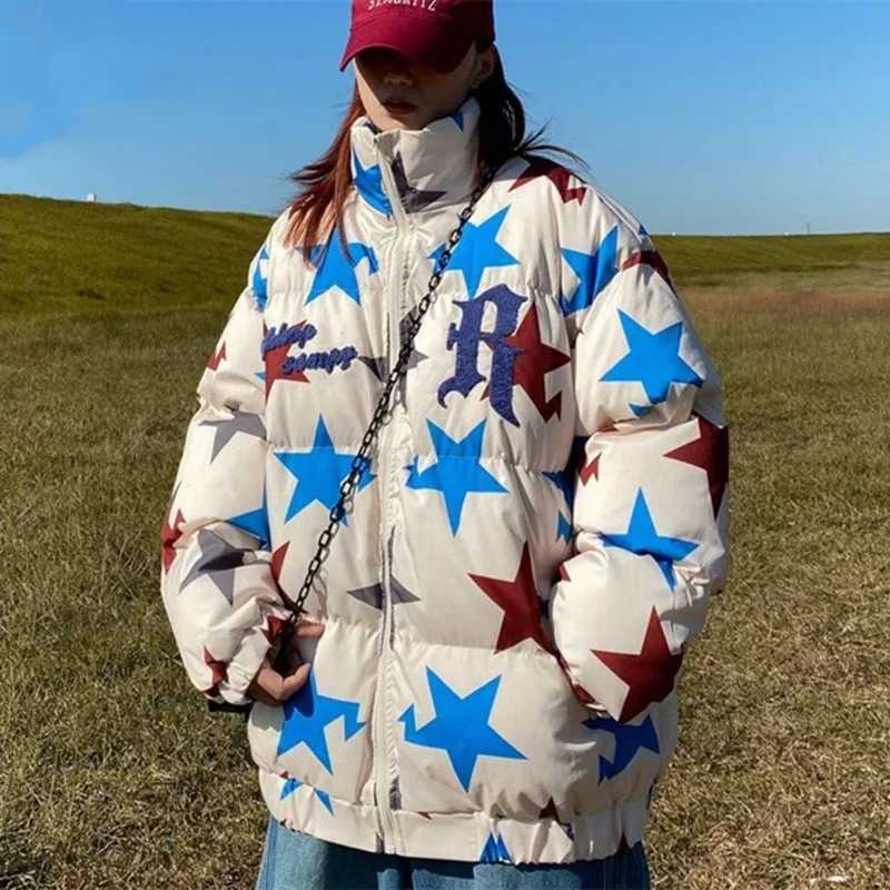 Women's Down Parkas American style retro star shaped thick cotton pad park clothing fashionable loose couple jacket mens Y2K clothing Y240824DX2B
