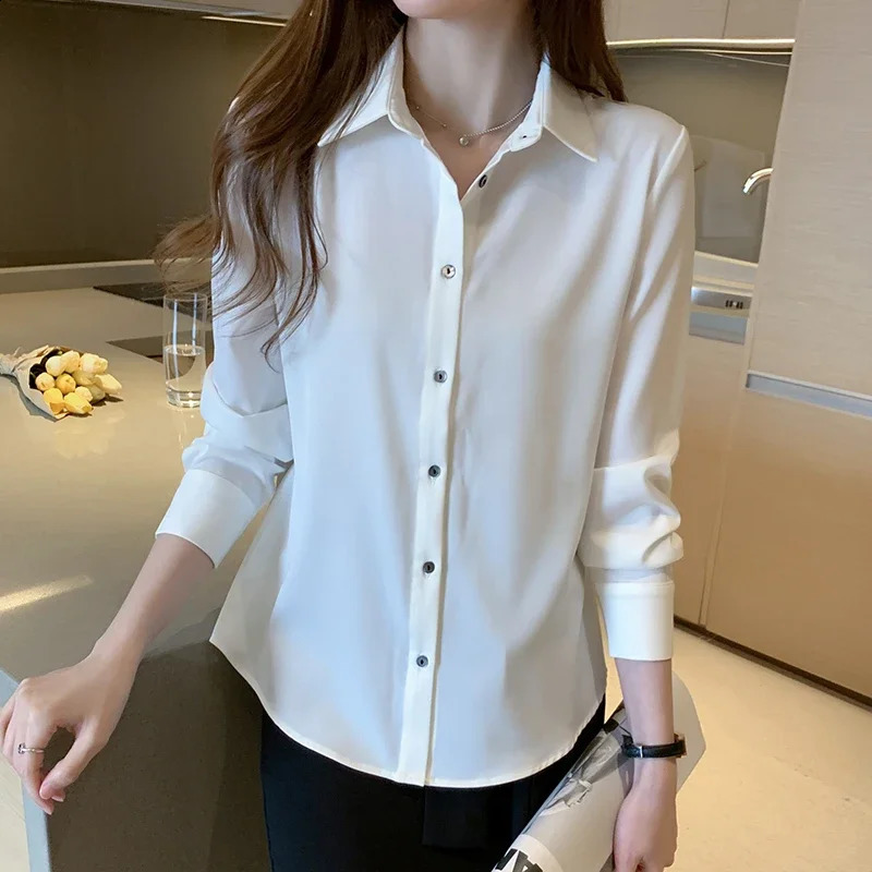 Satin Women Shirt OL Fashion Long Sleeve Blouse Woman Casual Shirts White Shirt Womens Tops Solid Basic Shirts and Blouses 240823