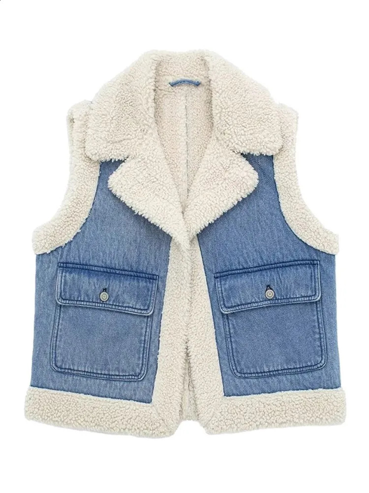 Faux Lamb Wool Denim Vest Women 2023 Autumn Winter DoubleFaced Sleeveless Lapel Pocket Waistcoat Female Fashion Patchwork Tops 240823