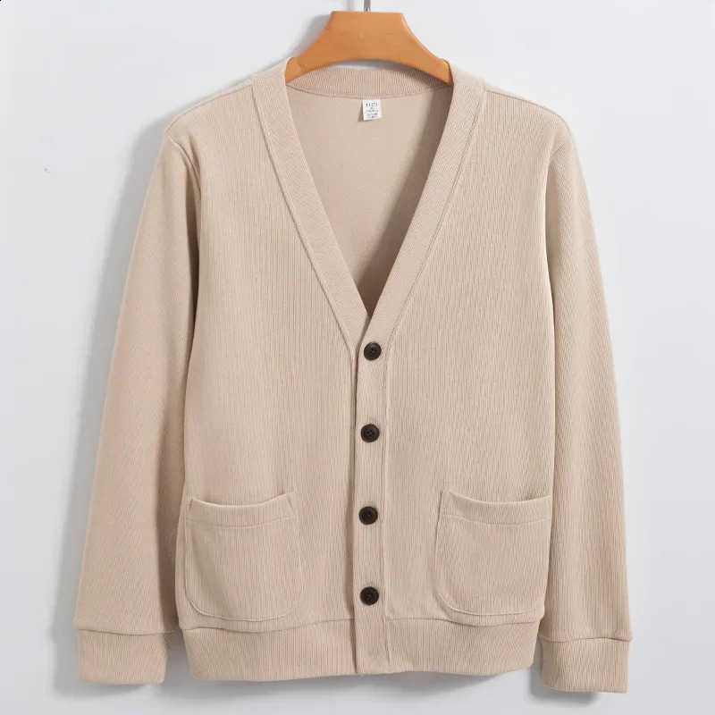 Brovons knitted sweater cardigan for mens autumn solid casual wear Korean fashion 80% pure cotton Vneck 240824