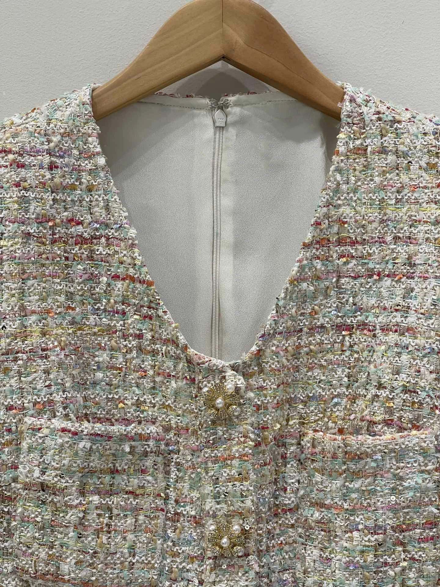 womens fashion long-sleeved V-neck waist ruffle hem circle tweed mini dress 0720 240824
