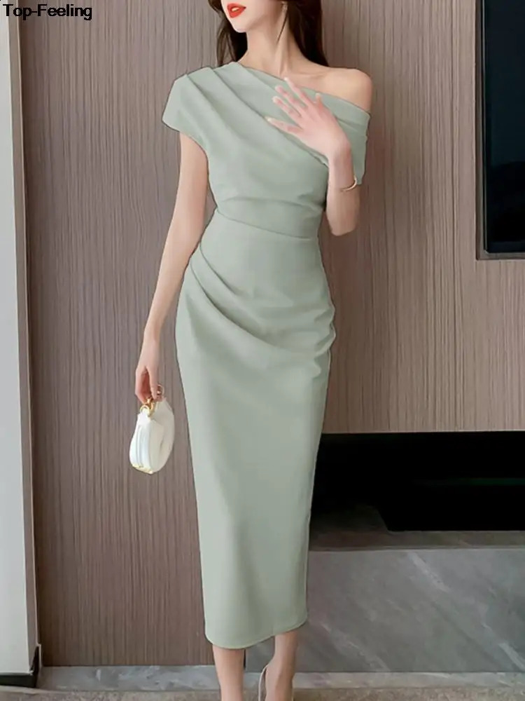 Elegant Off Shoulder Evening Party Dresses Women Summer Fashion Slim One Piece Solid Vestidos Korean Graduation Robe Clothing 240824