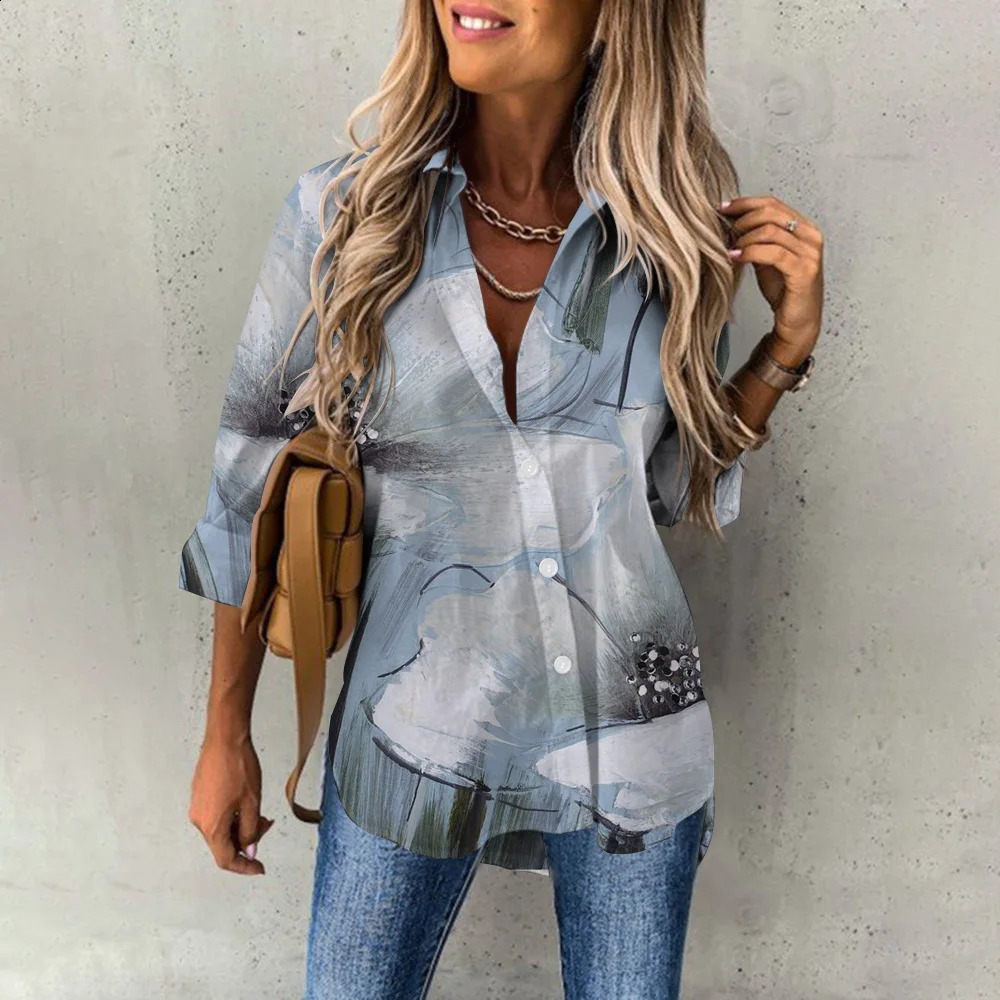 Elegant Womens Blouse Oil Painting Floral Printing Long Sleeves Trendy Lapel Button Up Shirts Blusa Mujer Office Daily Tops 240823
