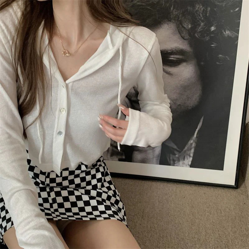 Gray Thin Hooded Knitted Cardigan Women Streetwear Single Breasted Y2K Crop Tops Woman Autumn Casual Long Sleeve Knitwear Coat 240824