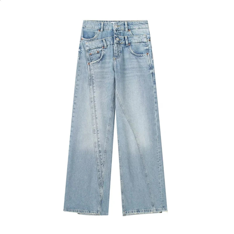 High waisted retro blue womens jeans with spliced work wide leg pants casual bag from culture denim 240823