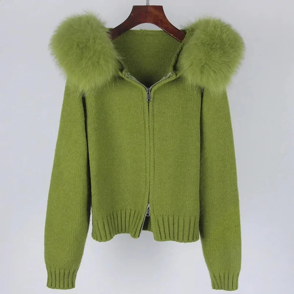 2024 Fashion Autumn Winter Casual Hoodie Real Fox Fur Collar Fashion Short Knitted Jacket with Natural Fur Coat 240824