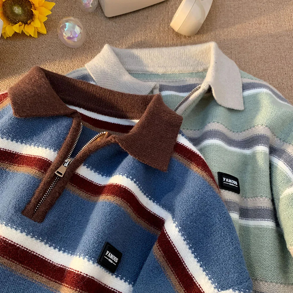 Japan Mens Y2K Knitted Warm Polo Knit Striped Turtleneck Sweater Shirts Winter Streetwear Knitwear Korean Clothes Jumper Men 240809