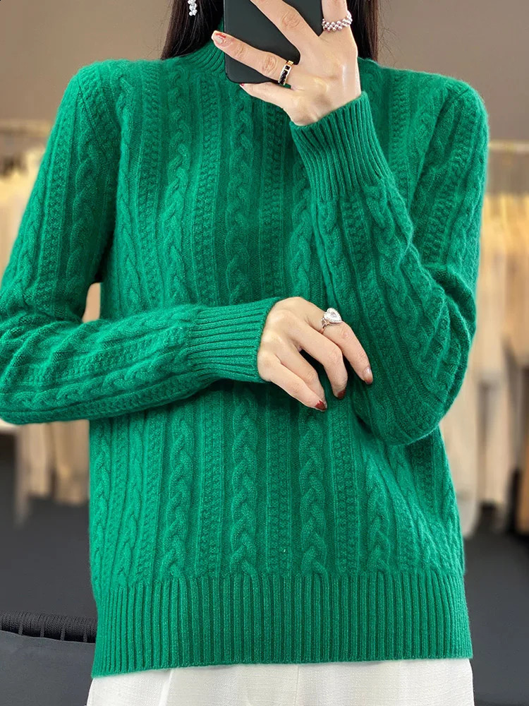 100% Wool Knitted Pullover Womens Semi-Turtleneck Long-sleeve Sweater Fashion Jacquard Warm Tops Thick Female Jacket Autumn 240824