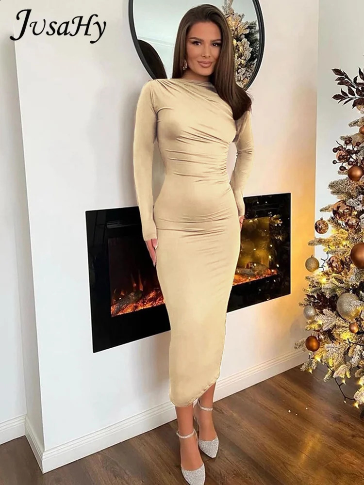 JusaHy Women Solid Sexy Dress Patchwork O-neck Long Dress Waist Maxi Dresses Long Sleeve Slim Robe Partywear High Street 240823
