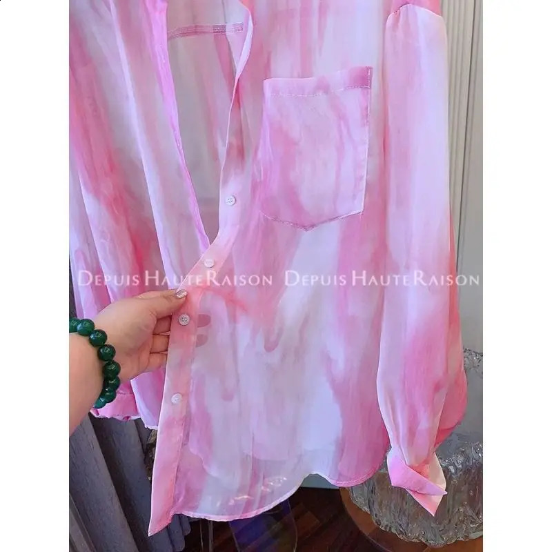 Women Summer Korean Loose Sweet Tie Dye Chiffon Polo-Neck Long Sleeve Sunscreen Shirts Women Clothes Casual All-match Trend Tops 240823