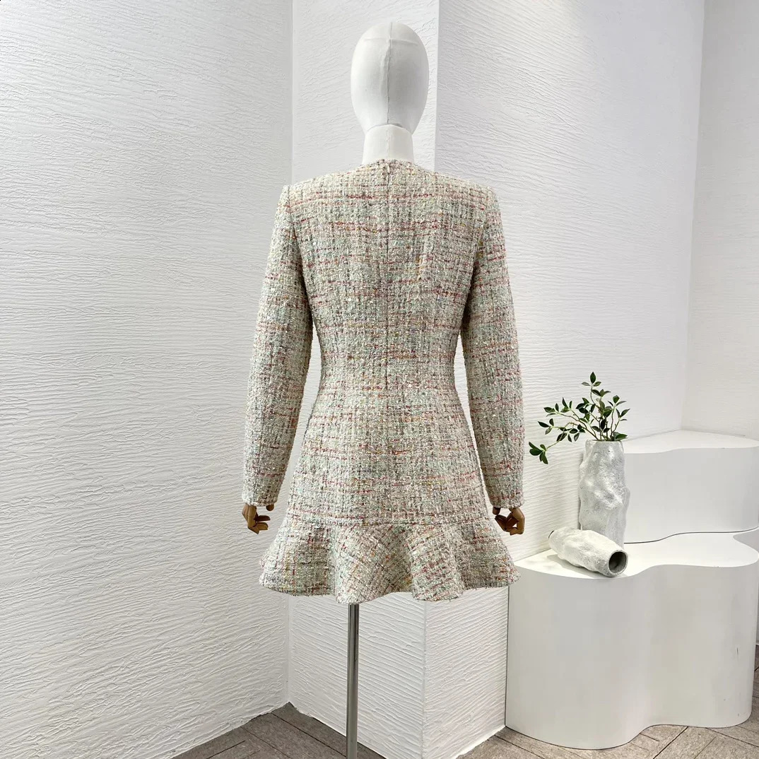 Elegant Advanced Tweed V-neck Long Sleeve Mini Mermaid Dress for Women 240824