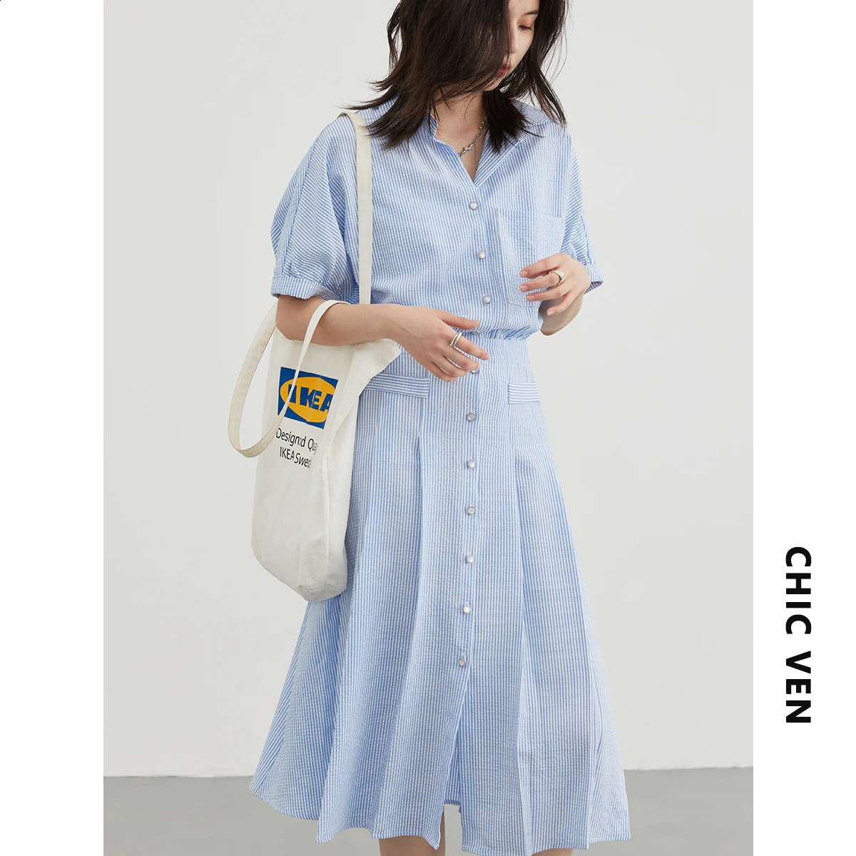 CHIC VEN Korean Pleated Shirt Dress Short Sleeve Dresses Striped Women Loose Slim Dress A Line Women Clothing Summer 240824