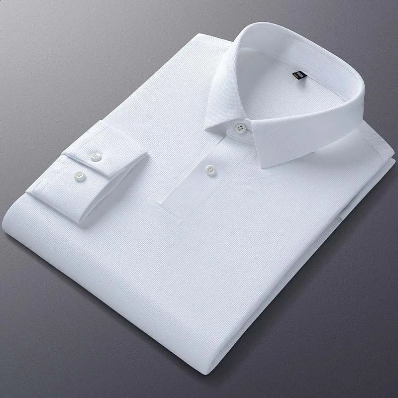 Mens polo shirt long sleeved highquality lapel seamless high elasticity top casual slim fit mens clothing 240823