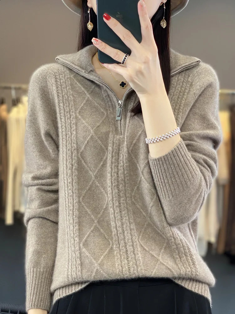 Autumn Winter Women Zipper Pullover Cable Knit Turn Down Collar Cashmere Sweater Casual Style 100% Merino Wool Knitwear 240824