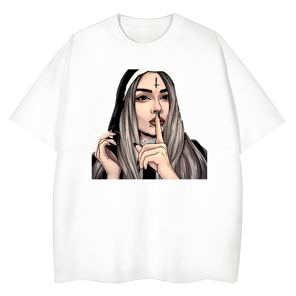 Lady Women Tees 230g Cotton nun Casual Sport T Shirts Women Short Sleeve O-Neck Cartoon Floral Printing Clothes