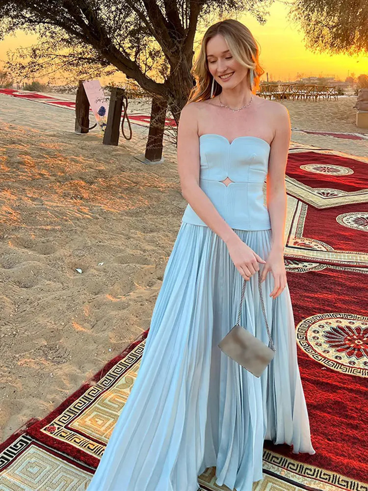 Elegant Blue Off Shoulder Pleated Dress For Women Sleeveless Backless A Line Dresses Spring Female Vacation Party Robes 240823