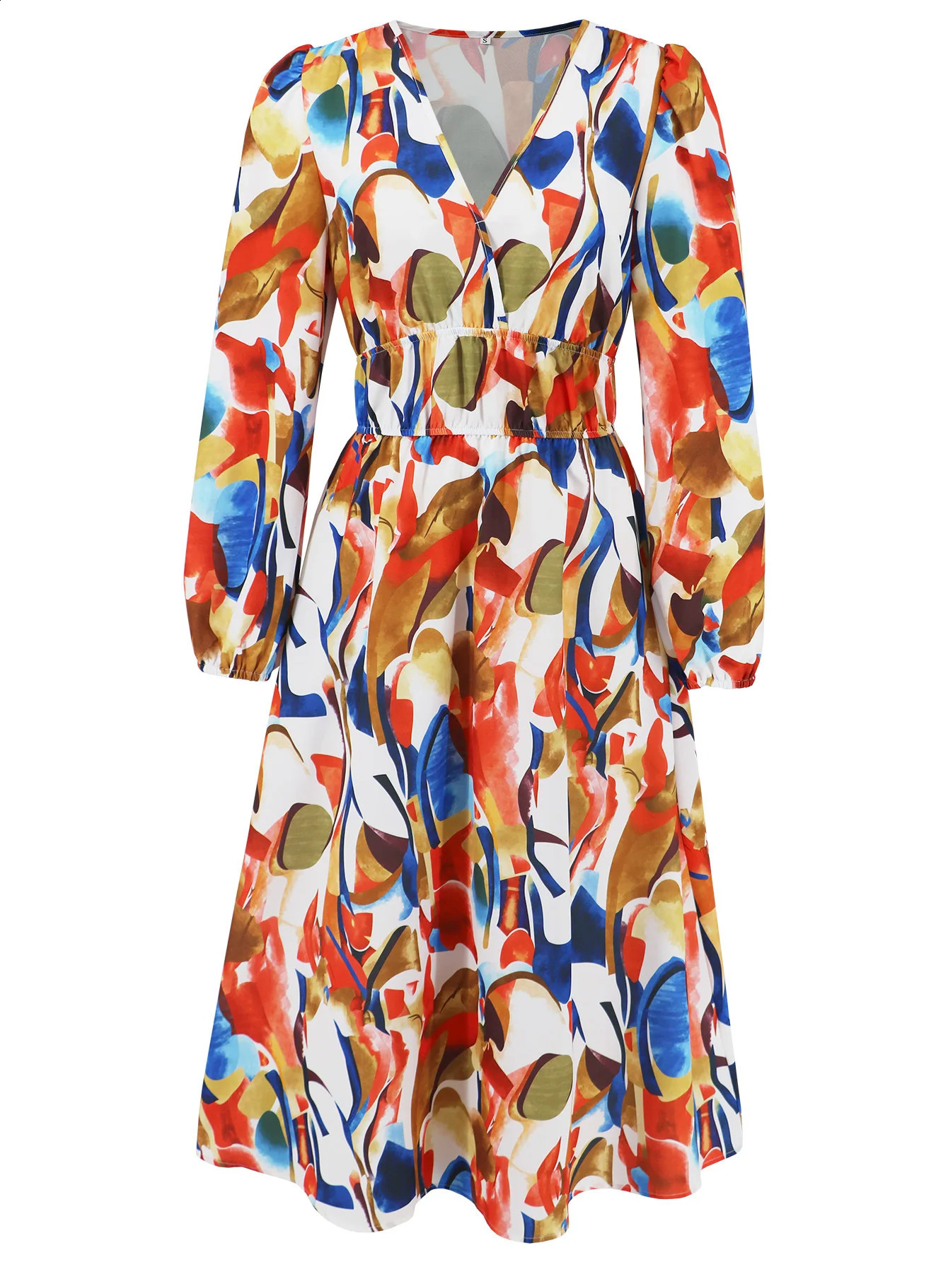 Han Yige European and American Womens Slim Fit Temperament Printed Waist Cinched Long Sleeved Dress 240824